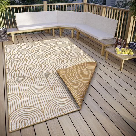 Tapis d'extérieur résistant aux intempéries, réversible, Style bohème scandinave, imperméable, Couleur Unie, géométrique, Effet 3D, pour Jardin, Balcon, terrasse, Salon, Ocre, 200 x (1/5)