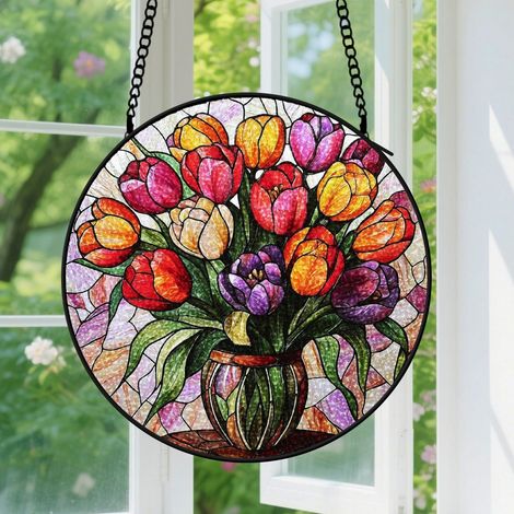 9cm Suspension en vitrail - Attrape-soleil minimaliste coloré élégant unique, décoration maison porte, cadeau Anniversaire pour femme, homme, tante (1/5)