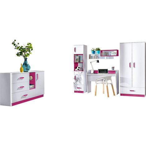 Chambre enfant complète Sorviru 107, Blanc + Rose
