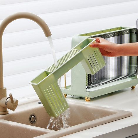 Étagère de rangement de cuisine multifonctionnelle, porte-couteaux, porte-planches à découper, égouttoir compartimenté intégré, vert cèdre clair (1/5)