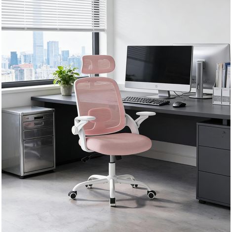 Silla de oficina ergonómica alta con reposacabezas ajustable y reposabrazos 3D rosa DESVIAE (1/5)