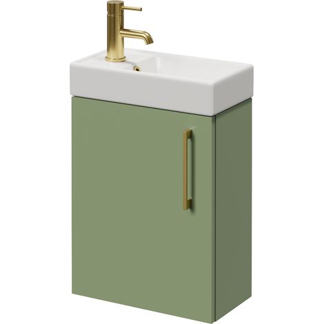 Napoli Cube Olive Green 400mm Wall Mounted Single Door Vanity Unit with Align Basin - 400mm - Brushed Brass 160mm Handle