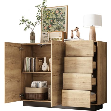 Buffet moderne noir et bois clair avec 4 tiroirs, 2 portes, meuble de rangement 120 x 35,5 x 90,5 cm pour salon et salle à manger - CHICFURN (1/5)