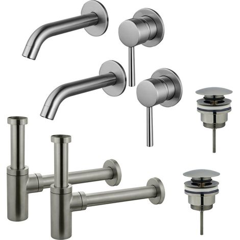 FugaFlow Eccelente Sobrado Kit robinet lavabo - pour double vasque - robinet rehaussé - bonde clic clac - siphon design - PVD (1/4)