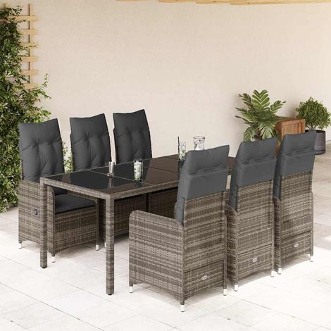 7-tlg. Garten-Bistro-Set mit Kissen Grau Poly Rattan (1/5)