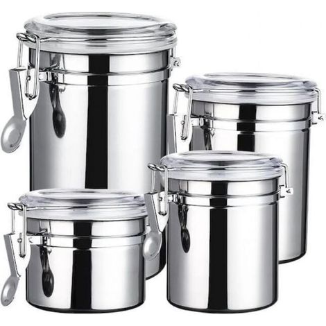 Ensemble de 4 bocaux de cuisine en acier inoxydable avec couvercles transparents hermétiques et clips de verrouillage pour conserver les aliments, les biscuits, la farine, le sucre, le thé, le café, 1