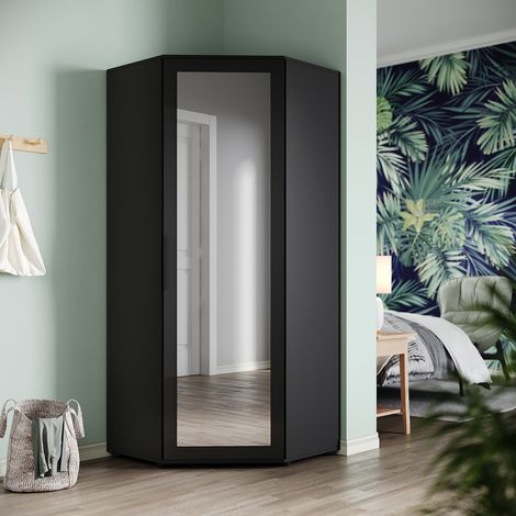 ELEGANT Corner Large Mirrored Wardrobe with 2 Hanging Rails and 5 Storage Shelves, Modern Black High Gloss & Matt Bedroom Closet Storage, Space Saving Design