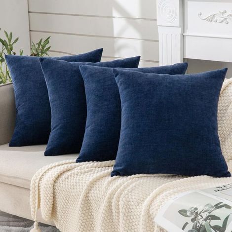 Lot de 4 housses de coussin décoratives carrées en chenille ultra douce, style ferme et automne, pour salon, chambre à coucher, bleu marine, 45 x 45 cm (1/5)