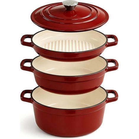 Enameled Cast Iron Cookware, 4-Piece Stackable Cookware, 500 °F, Red (1/5)
