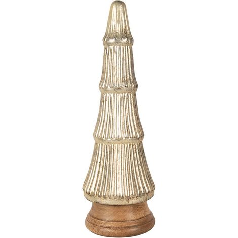 Sapin de Noël Décoratif en Verre avec Socle en Bois Figurine Dorée Ø 15 x 45 cm - PANGIVO