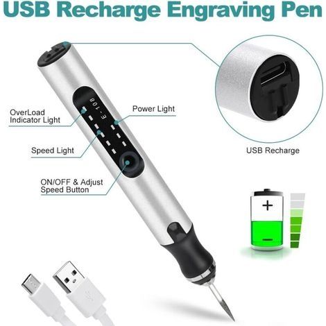 Elektrischer Gravierstift, multifunktionales, per USB aufladbares Mini-Gravierwerkzeug mit 20 Bits und 16 Schablonen für die Schmuckherstellung (DIY), Metall, Glas, Stein, Kunststoff und Holz (1/4)