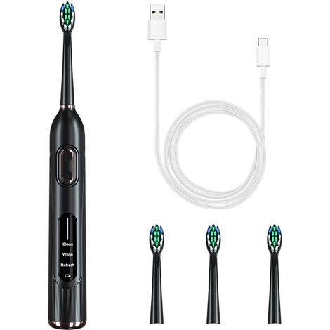 Cepillo de dientes eléctrico, 36000 oscilaciones/min, 3 modos, resistente al agua, diseño ergonómico, 4 cabezales incluidos, color negro (1/5)