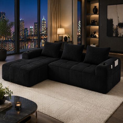 Sofá rinconero modular de pana, 253 x 158 x 61 cm, negro, con 3 cojines DESVIAE (1/5)