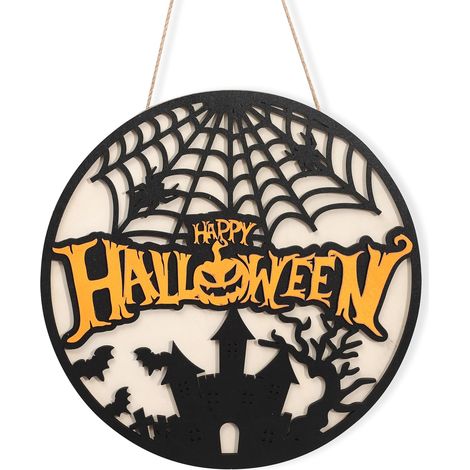 Panneau de porte en matériau naturel « Happy Halloween » – Décorations de fête d'Halloween, chauve-souris fantôme, couronne de citrouille (1/5)
