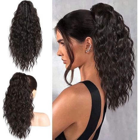 Queue de cheval extensible avec clip, 45 cm de long, noir naturel, cheveux ondulés et bouclés, idéale pour une queue de cheval complète et facile à poser (1/5)