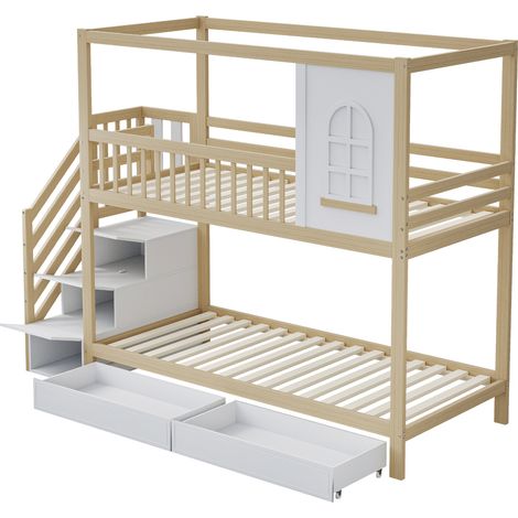 Lit mezzanine enfant 90 x 200 cm en bois naturel, maison avec fenêtres, échelle et tiroirs