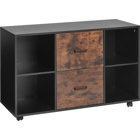Cabinet de rangement bois à 2 tiroirs, meuble à roulettes et étagères ouvertes, support d'imprimante moderne pour maison et, noir (1/5)