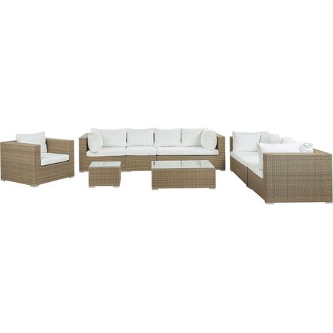 Set da Giardino in Simil Rattan Marrone Chiaro Cuscini Crema 8 persone Maestro
