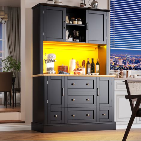 Credenza alta in MDF nero e naturale 115x40x180 cm con 3 cassetti, illuminazione LED USB con controllo APP e antiribaltamento (1/5)
