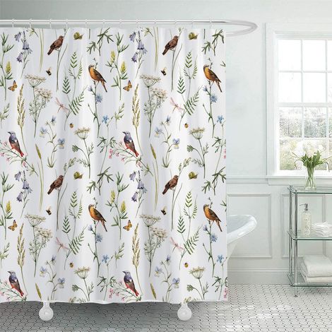150 x 180 cm Duschvorhang mit Blumen- und Vogelmotiv, Aquarell-Blumenmuster in Pastellfarben, wasserdichtes Polyestergewebe für Badezimmer, inklusive 12 Haken