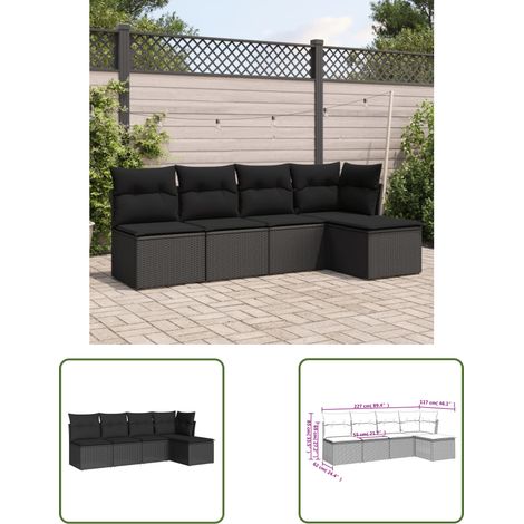 The Living Store Salon de jardin 5 pcs avec coussins noir résine tressée - Canapé De Jardin - Salon De Jardin - Mobilier Extérieur - Résine Tressée - Poly Rotin (1/3)
