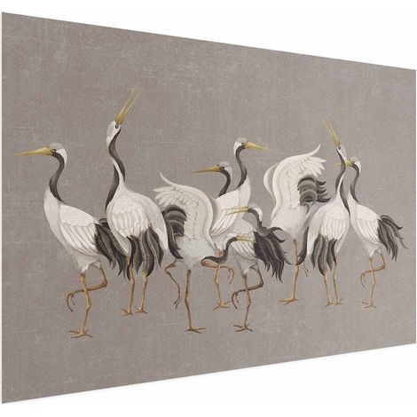 Poster – Tanz der Kraniche – leuchtende Vogelsilhouetten auf warmgrauem, strukturiertem Hintergrund (1/4)
