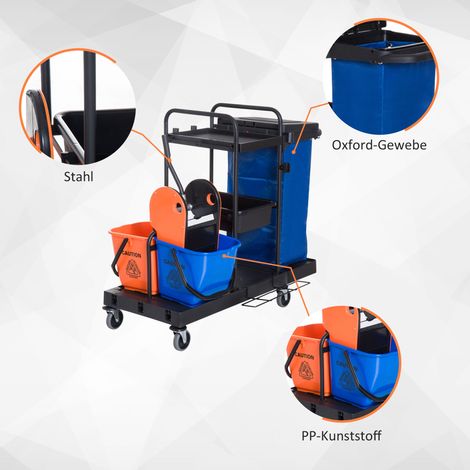 Chariot de ménage HOMCOM 3 étagères, support à balai avec essoreuse serpillère, 2 seaux 18 L, poubelle et 4 roulettes pour nettoyage hôtels, restaurants et locaux professionnels.