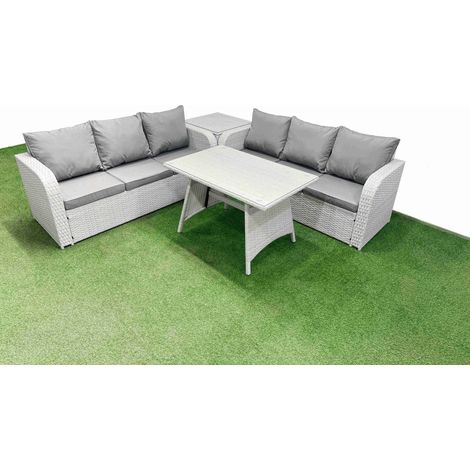 Fimous Patio Dining Table & Chairs Set Rattan High Back Lounge Sofa Set with 3 Seater Sofa Side Table Light Grey (1/4)