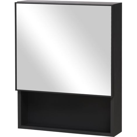 Armoire à miroir noir acier 2 étagères compartiment ouvert 46x13.5x58 cm