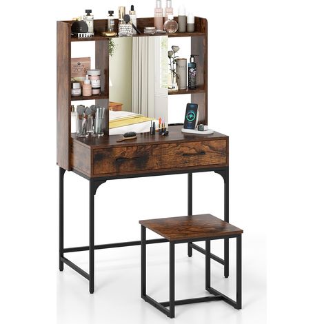 COSTWAY Toletta da Trucco con Specchio, Set Tavolo e Sgabello da Trucco con Stazione di Ricarica, Cassetti, Ripiani Aperti e Armadio, Consolle Toeletta con Sgabello, 80 x 50 x 138 cm (Marrone) (1/5)