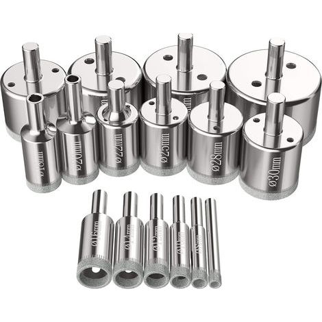 Juego de 16 brocas de corona, brocas de diamante de 6 a 50 mm, herramientas para perforar vidrio, kit de brocas de corona para acero al carbono, vidrio, cerámica, porcelana, azulejos y mármol. (1/5)