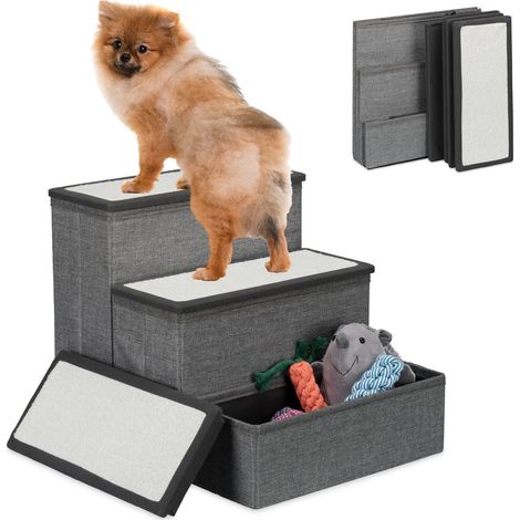 Relaxdays Scaletta a 3 Gradini per Cani e Gatti, Scala Pieghevole per Letto e Divano, Box, 39x40x49 cm, Grigio Bianco