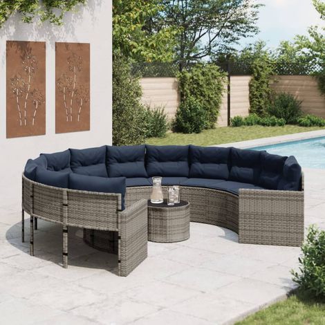 vidaXL Canapé de jardin et table et coussins rond gris résine tressée (1/5)