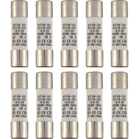 Fusibile ceramico ad alta tensione RT18-32 16A / 500V, forma cilindrica 10 × 38 mm – confezione da 10