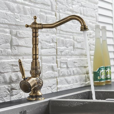 Rétro Sculpté Robinet D'évier de Cuisine,Cuisine Familiale Moderne et Salle de Bains, Robinet Mitigeur Cuivre Antique de à Levier Lavabo Robinets de Lavabo Avec Bec Pivotant (1/5)