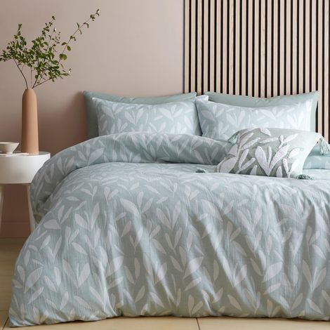 Housse de Couette Jacquard Vert Menthe Lit Simple 140 x 200 cm Polyester recyclé Durable 1 taie d'oreiller Literie Feuilles Blanches en Vert Parure de lit à Motif Floral Vert (1/3)