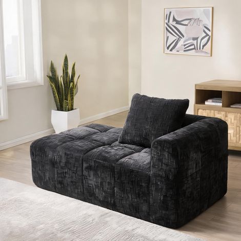 Canapé d'angle 130 cm en tissu chenille noir avec coussin (1/5)