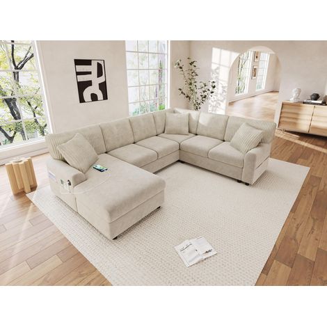 Sofá rinconero en u 249x196x83 cm con chaise longue de 6 plazas moderno de chenilla y pana con puertos USB - Beige