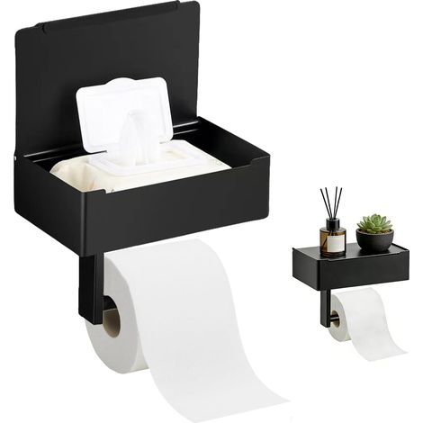 2-en-1 Porte Rouleau Papier Toilette Mural, Support Papier WC Noir avec Étagères Porte-Papier Toilette sans Perçage Ou Vis Porte Pq Mural 304 Acier Inoxydable pour WC Salle De Bain Cuisine (1/5)