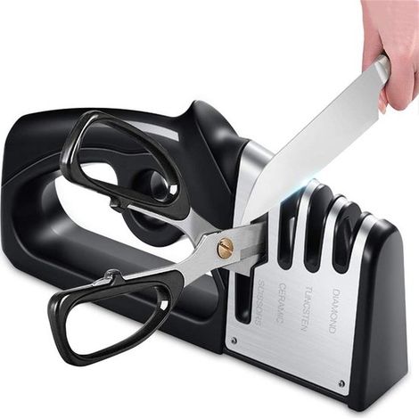 Afilador de cuchillos 4 en 1, Afilador de cuchillos de cerámica y acero inoxidable, Afilador de cocina ergonómico antideslizante, Negro (1/5)
