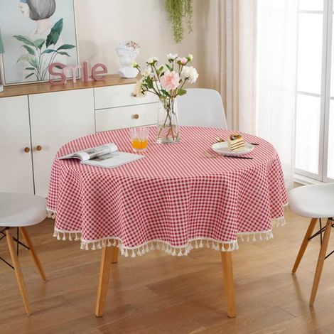 1 pièce - Nappe ronde avec tassels - Nappe ronde en coton et lin - Nappe simple - Convient, décoration pique-nique - 120cm - Rose (1/5)