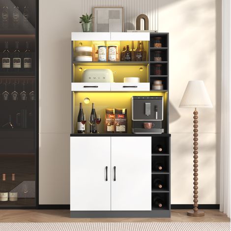 Credenza da cucina 100x47x187 cm bianco e grigio in MDF con LED, vetro temperato e vano microonde (1/5)