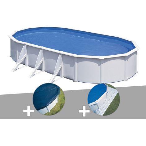 Kit piscine acier blanc Gré Fidji ovale 7,44 x 3,99 x 1,22 m + Bâche hiver + Tapis de sol