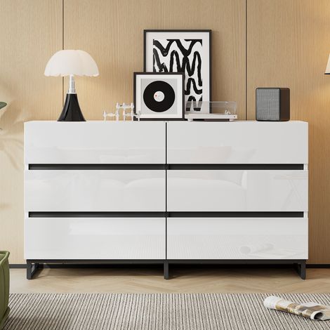Wohnzimmer Sideboard 140 x 39,5 x 78,5 cm, Hochglanz-Kommode mit 6 Schubladen, 3 Metallbeine, hochbelastbares Beistellmöbel, weiß