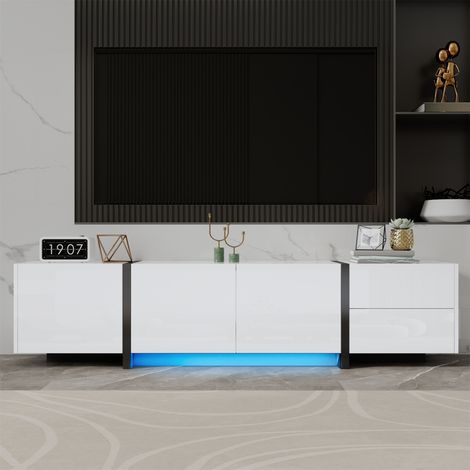 Meuble TV bas 170x30x39 cm,3 portes,1 tiroir,1 abattant avec fermeture amortie,passe-câbles,blanc brillant et noir (1/5)