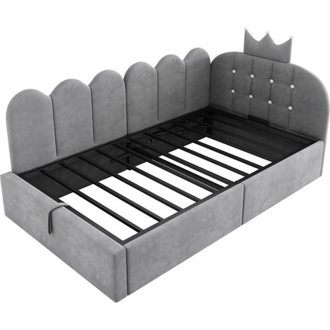 Cama diván 90x200 cm de terciopelo gris con almacenamiento hidráulico y diseño corona (1/5)