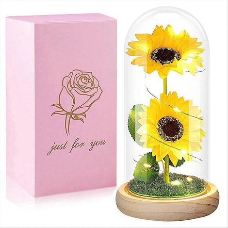 Tournesol doré sous verre avec feuille d'or lumineuse, fleur éternelle préservée, cadeau décoratif élégant, éclairage LED intégré, taille idéale, collection de 1 pièce. (1/5)
