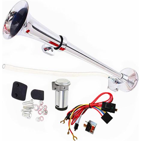 Klaxon d'air de voiture Car Horn 150DB Klaxon de voiture 24V Klaxon de camion 18 pouces Chrome Zinc trompette simple argent Klaxon de pompe à air Horn pour 24V Car Train voiture Bateau ect (1/5)