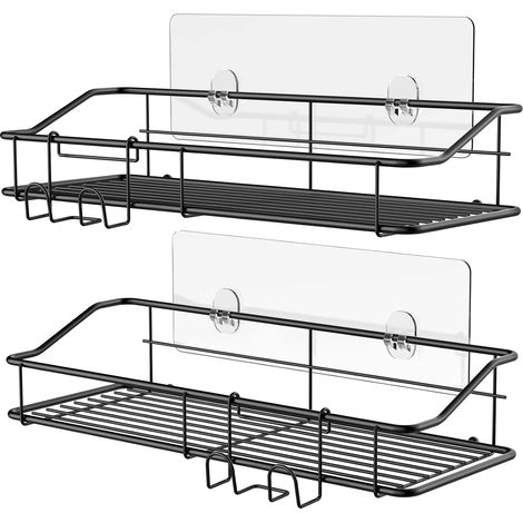 Etagère de rangement avec fixation par adhésif sans perçage en acier inoxydable avec crochets pour installation en salle de bain, douche, toilettes, toilettes, cuisine (Lot de 2) Noir (1/5)