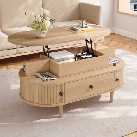 Mesa de centro elevable 105x50x60,5 cm de MDF natural con almacenaje integrado – MEUBLIV (1/5)